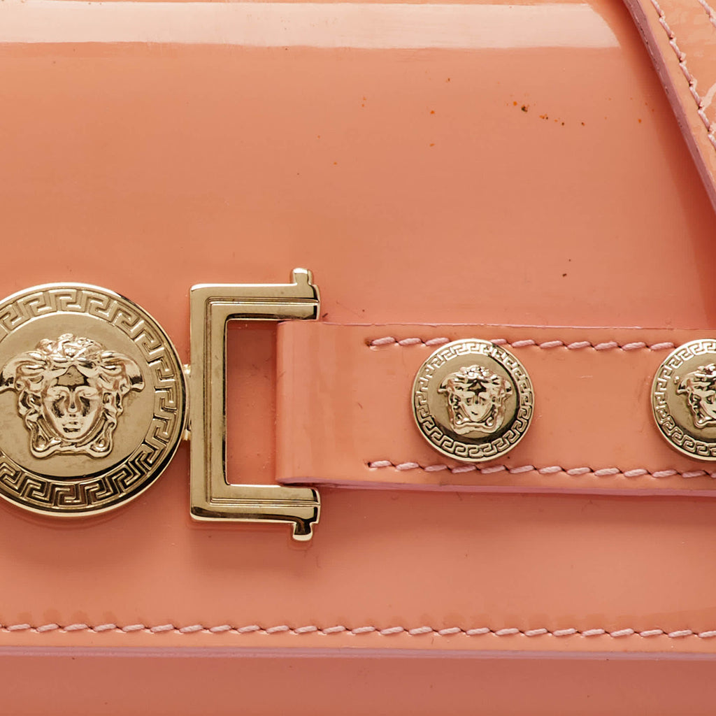 Versace Coral Pink Patent Leather Medusa Flap Continental Wallet On Strap
