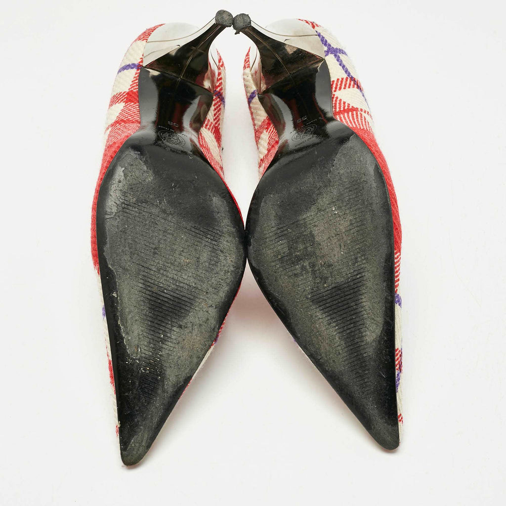 Versace White/red Plaid Check Fabric Pointed Toe Pumps