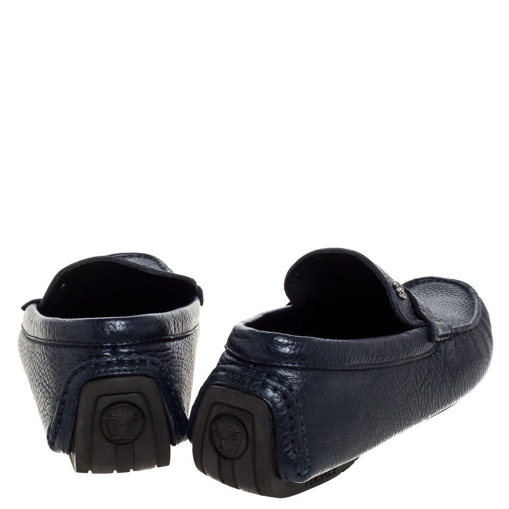 Versace Navy Blue Leather Slip On Loafers