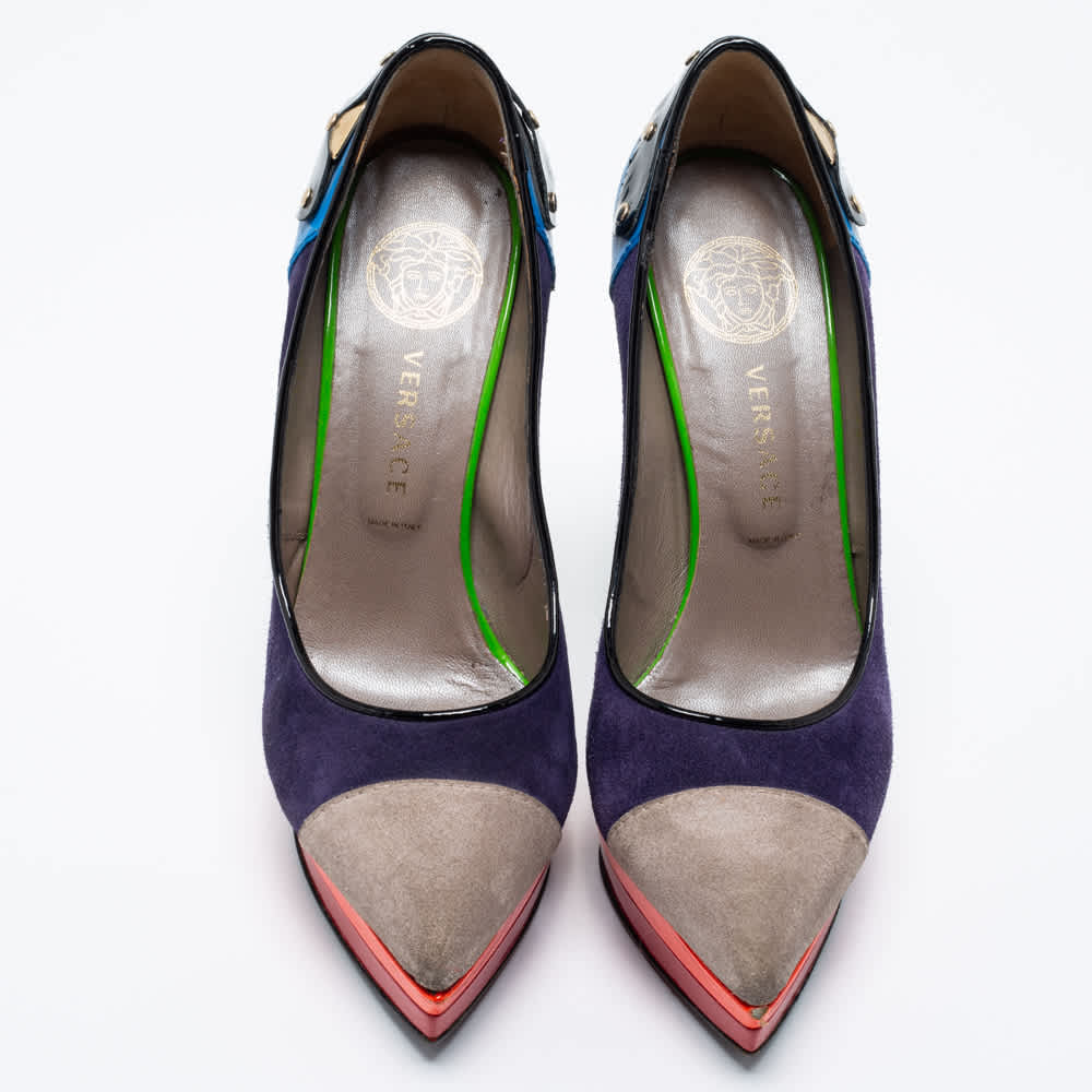 Versace Multicolor Suede And Leather Pointed Toe Platform Pumps