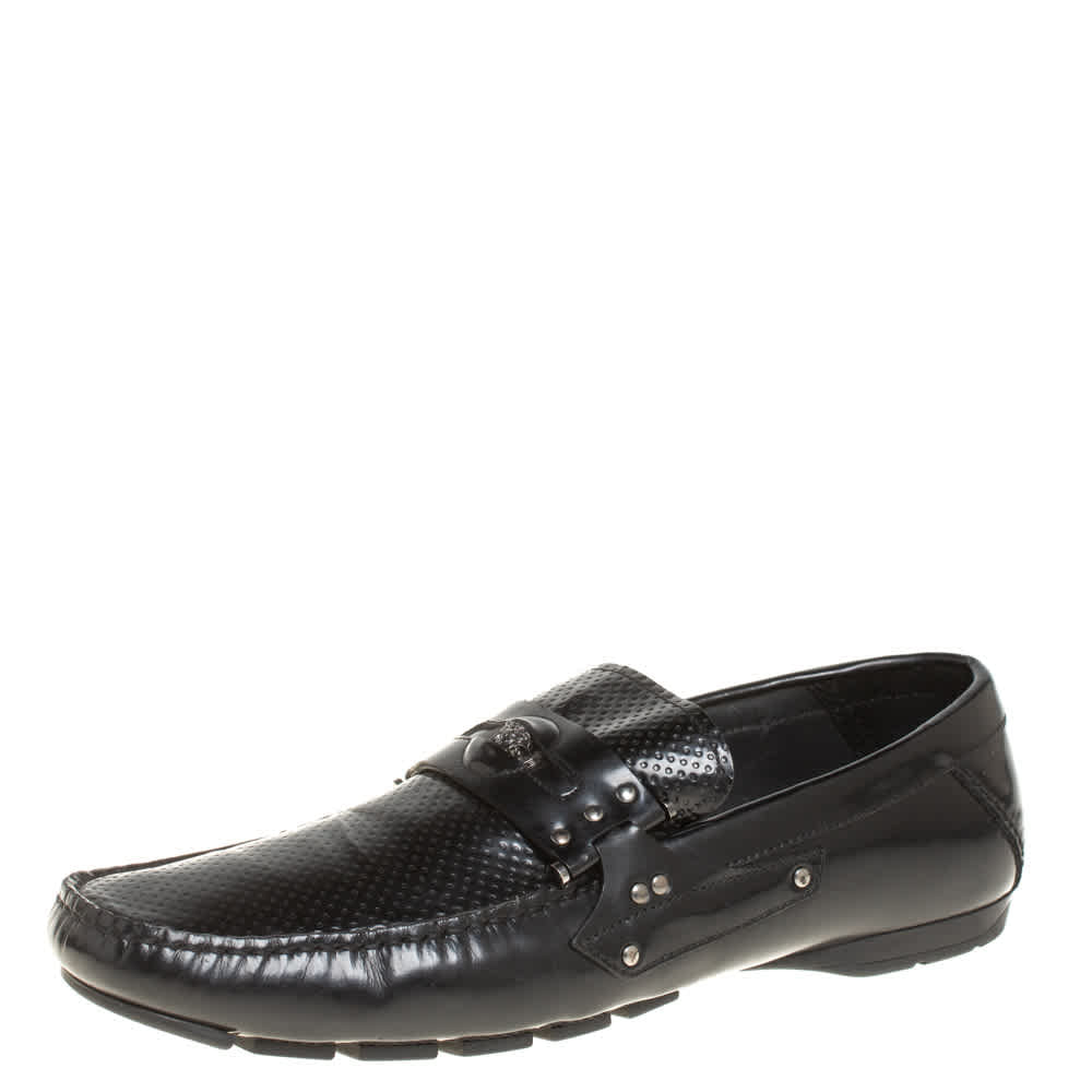 Versace Black Leather Medusa Detail Slip On Loafers