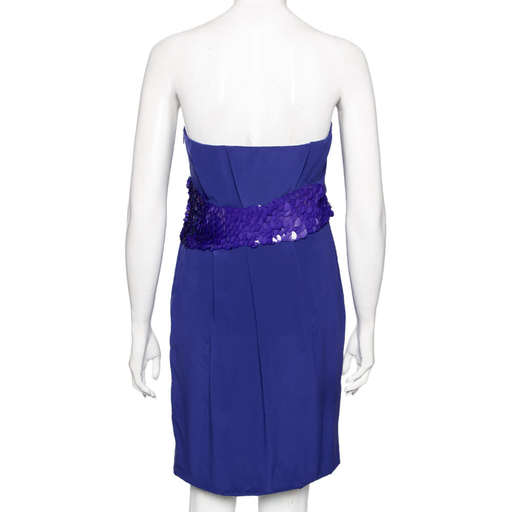 Versace Blue Crepe Embellished Detail Strapless Mini Dress