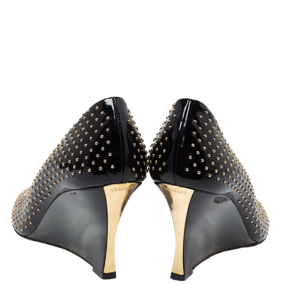 Versace Black Patent Studded Peep Toe Pumps