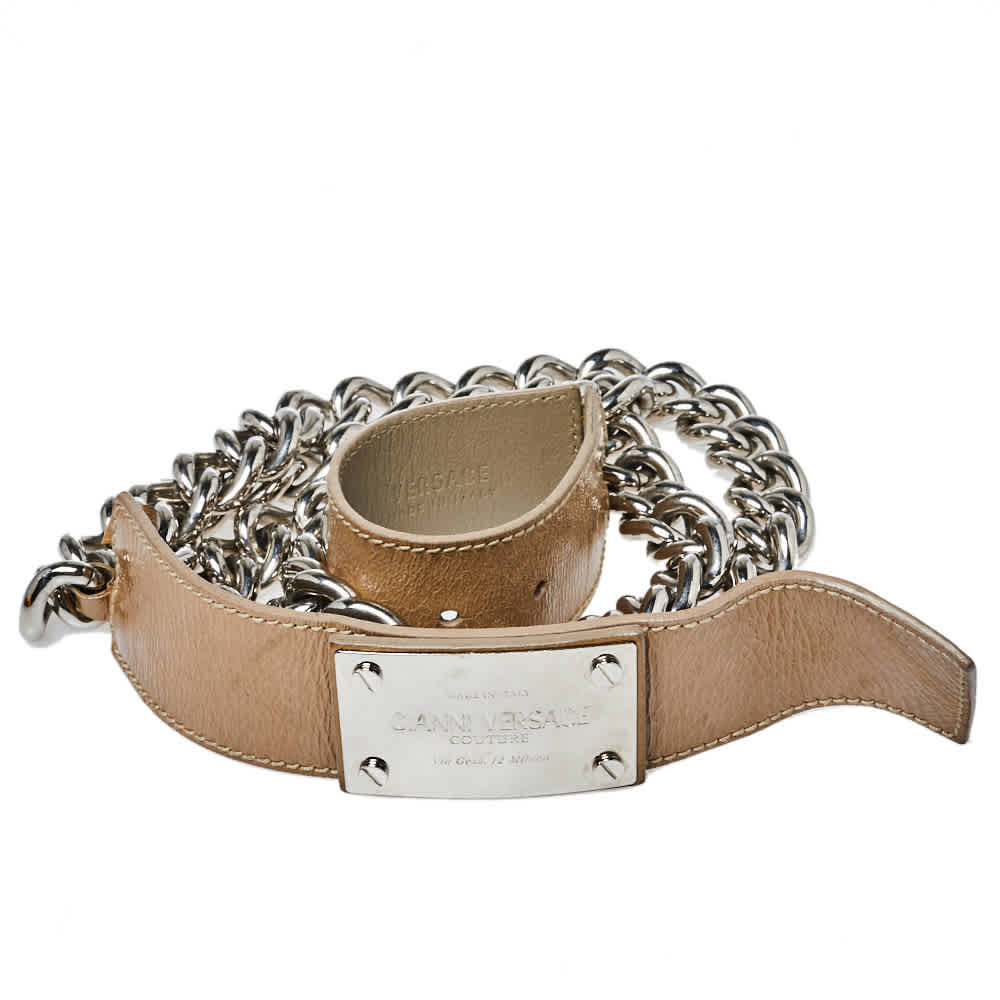 Versace Beige Patent Leather And Chain Logo Plaque Belt