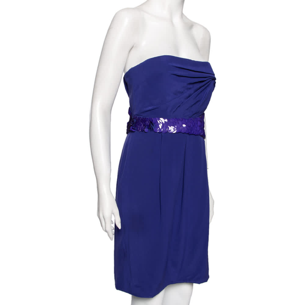 Versace Blue Crepe Embellished Detail Strapless Mini Dress