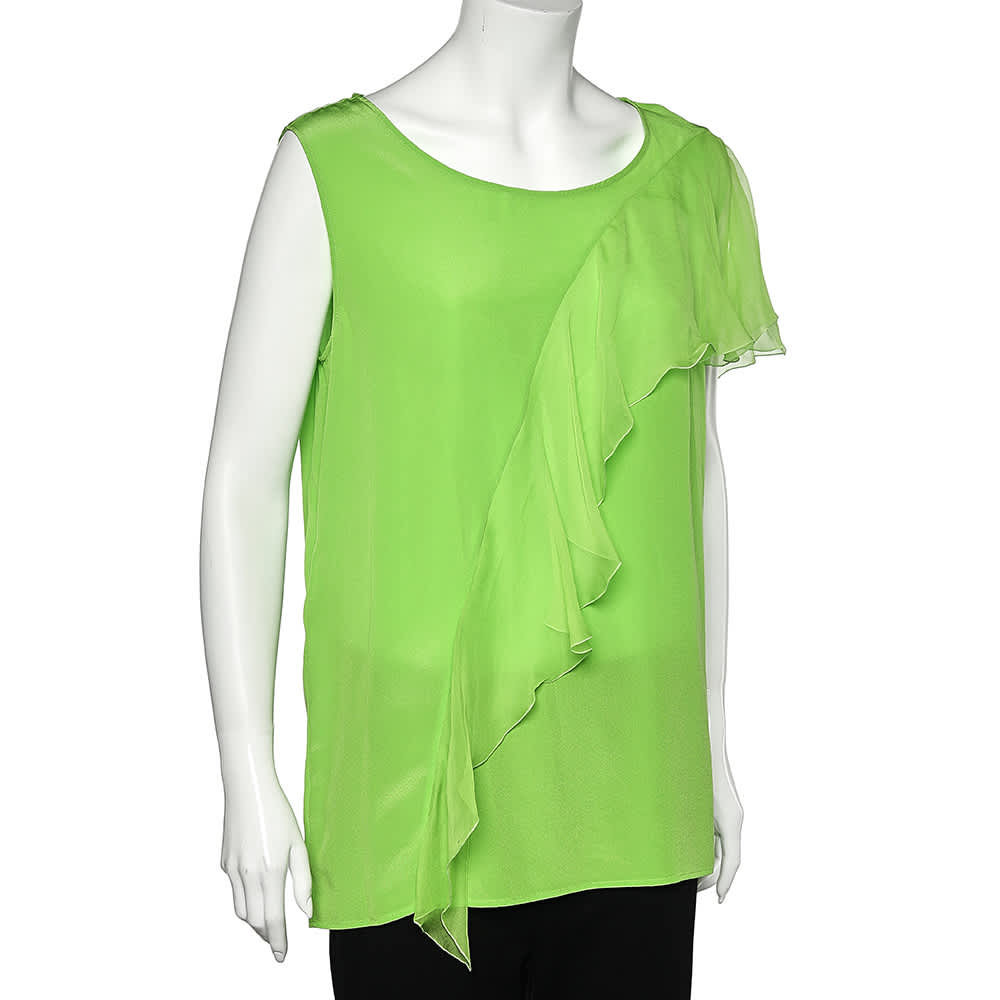 Versace Neon Green Silk Ruffled Sleeveless Top