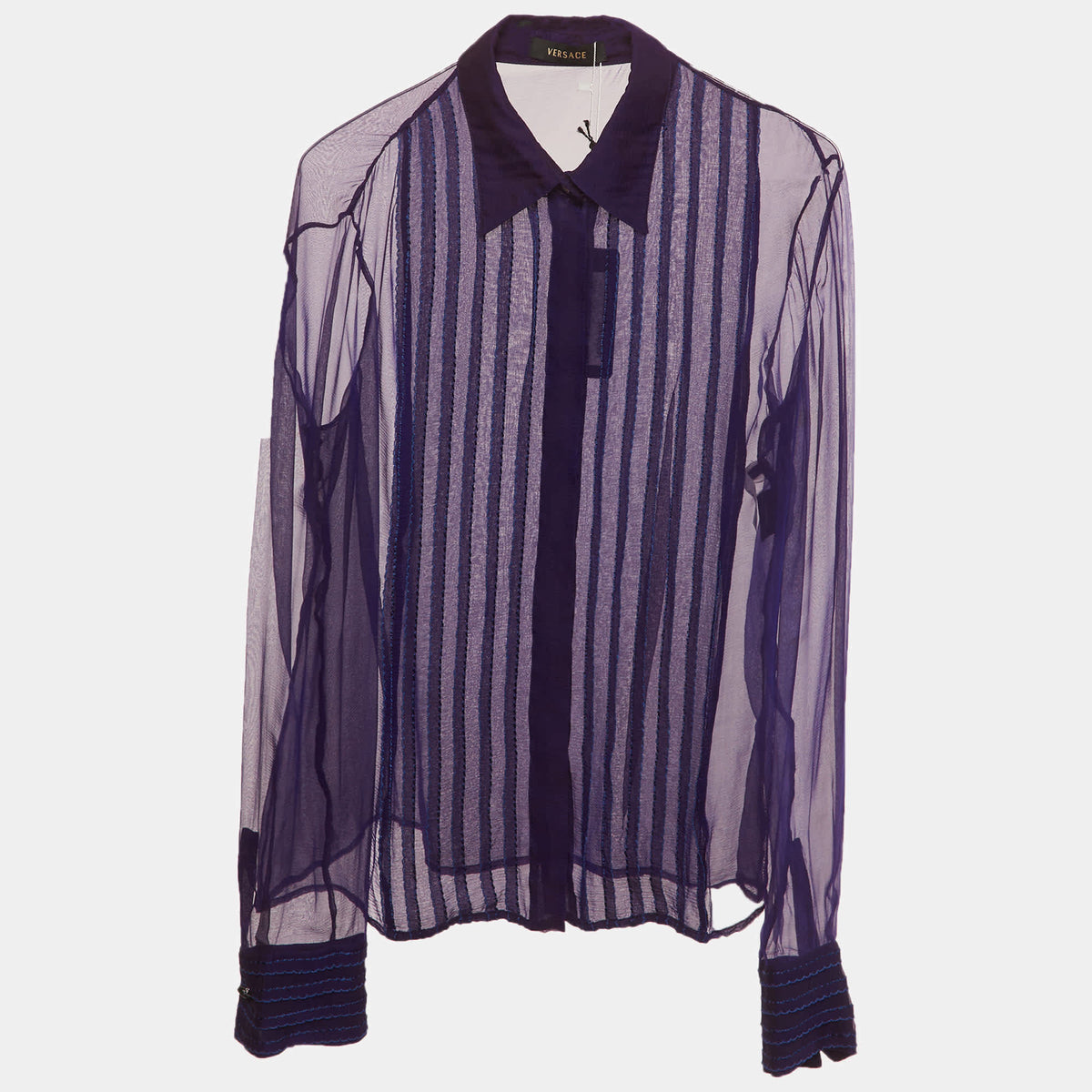 Versace Purple Sheer Silk Chiffon Embroidered Pin Tuck Shirt