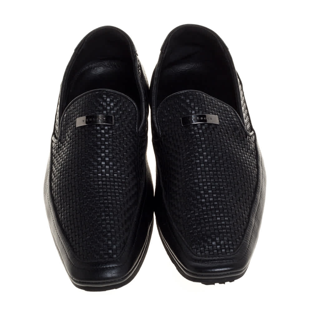 Versace Black Woven Leather Slip On Loafers