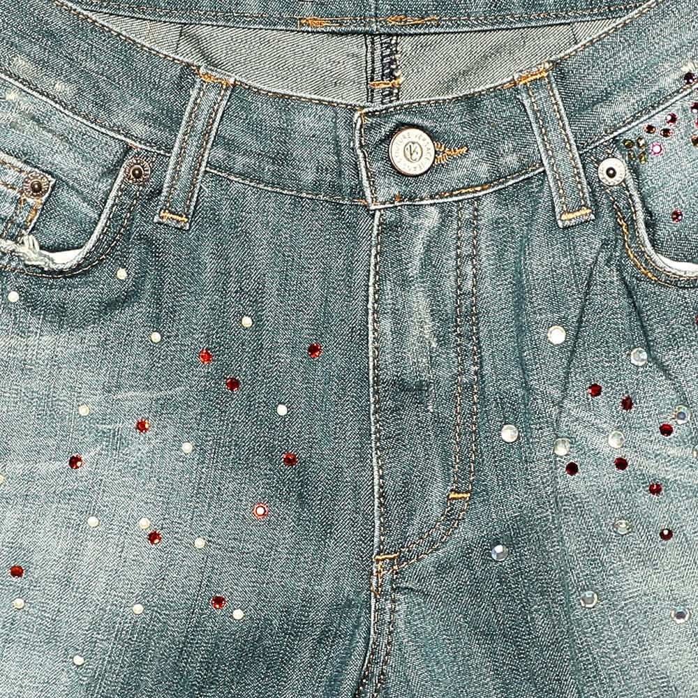Versace Jeans Couture Blue Embellished Denim Flared Leg Distressed Jeans