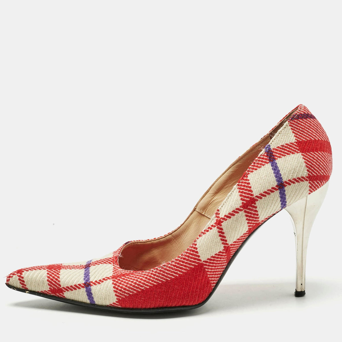 Versace White/red Plaid Check Fabric Pointed Toe Pumps