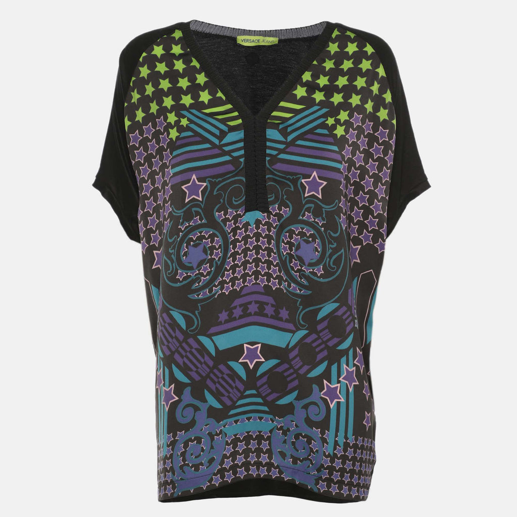 Versace Jeans Black Multicolor Star Print Satin Blouse