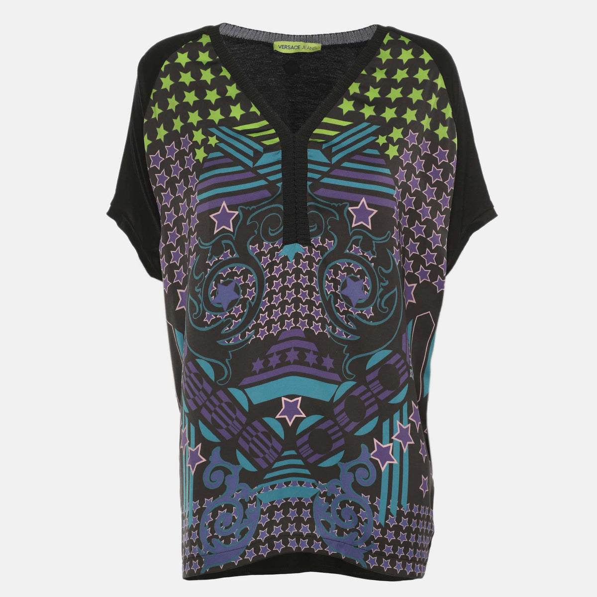 Versace Jeans Black Multicolor Star Print Satin Blouse