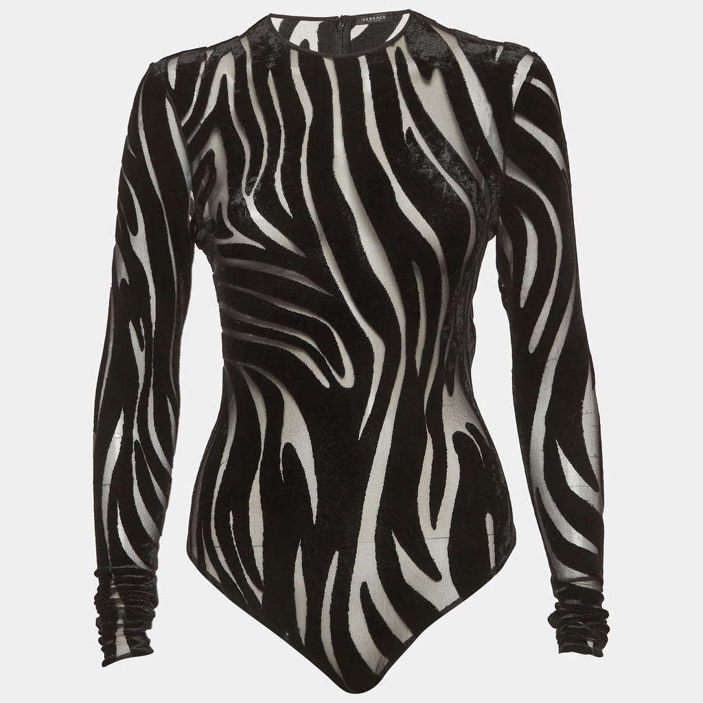 Versace Black Jersey Devore Sheer Bodysuit