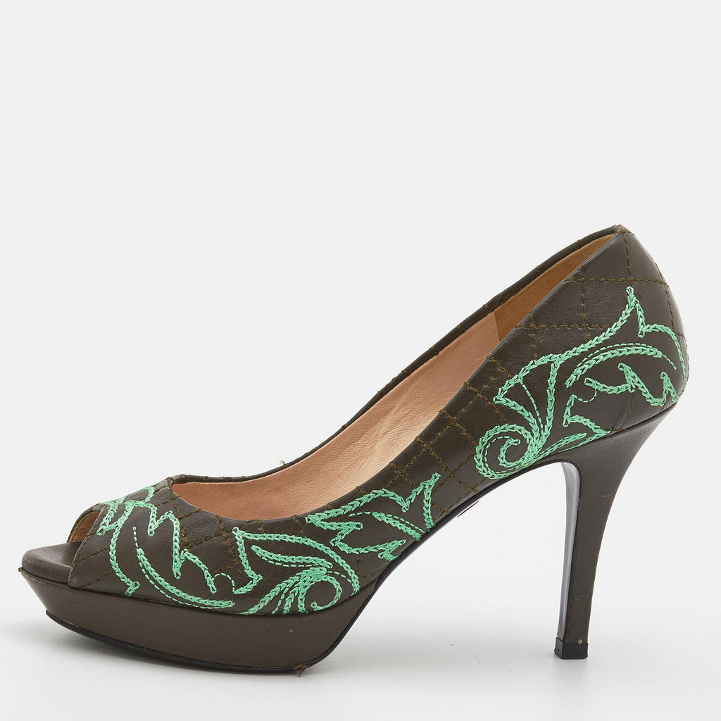 Versace Olive Brown Embroidered Leather Peep Toe Platform Pumps