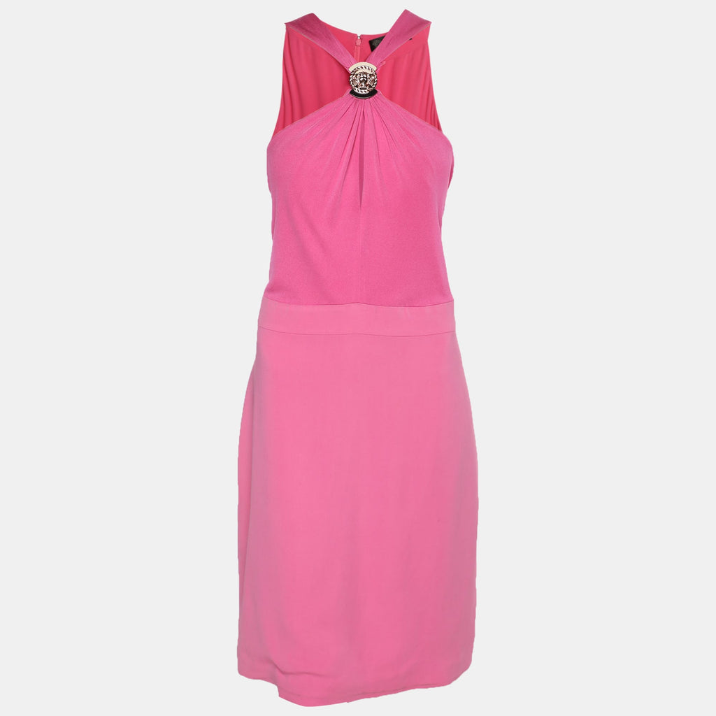 Versace Pink Stretch Crepe Halter Neck Midi Dress