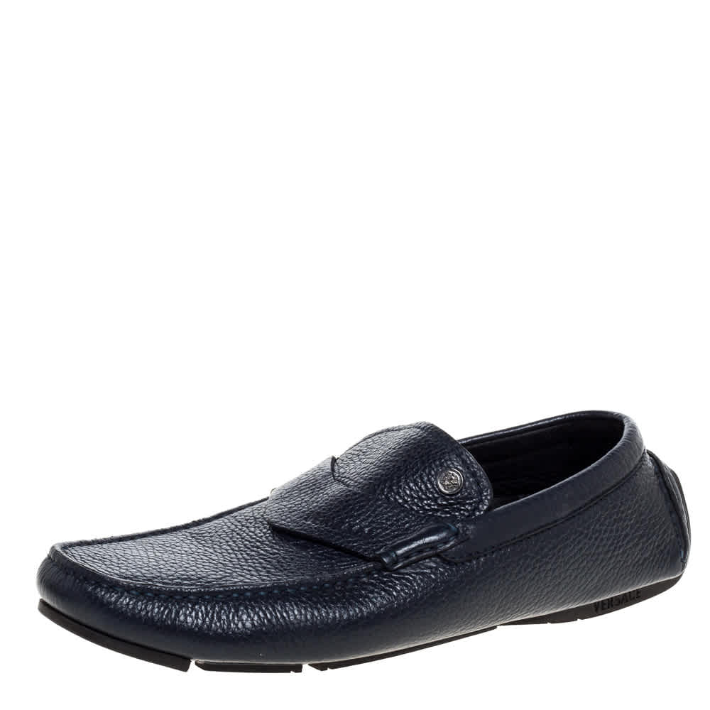 Versace Navy Blue Leather Slip On Loafers