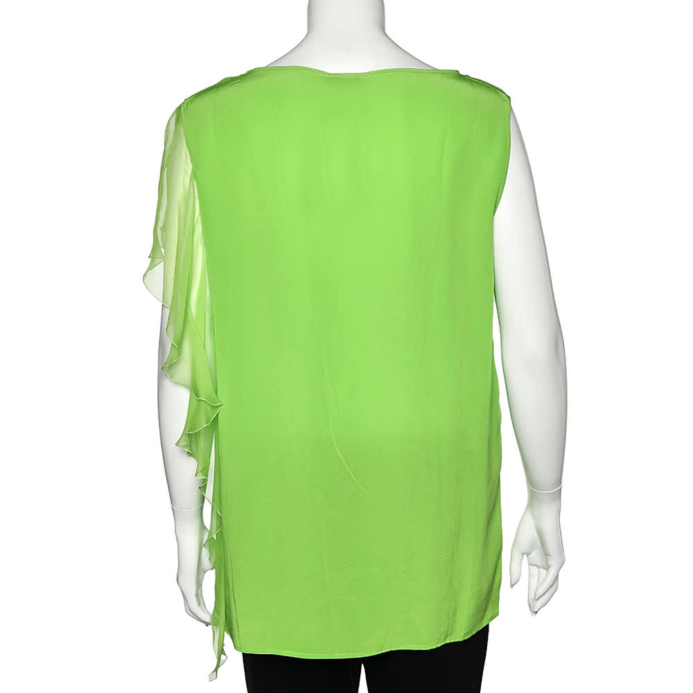 Versace Neon Green Silk Ruffled Sleeveless Top