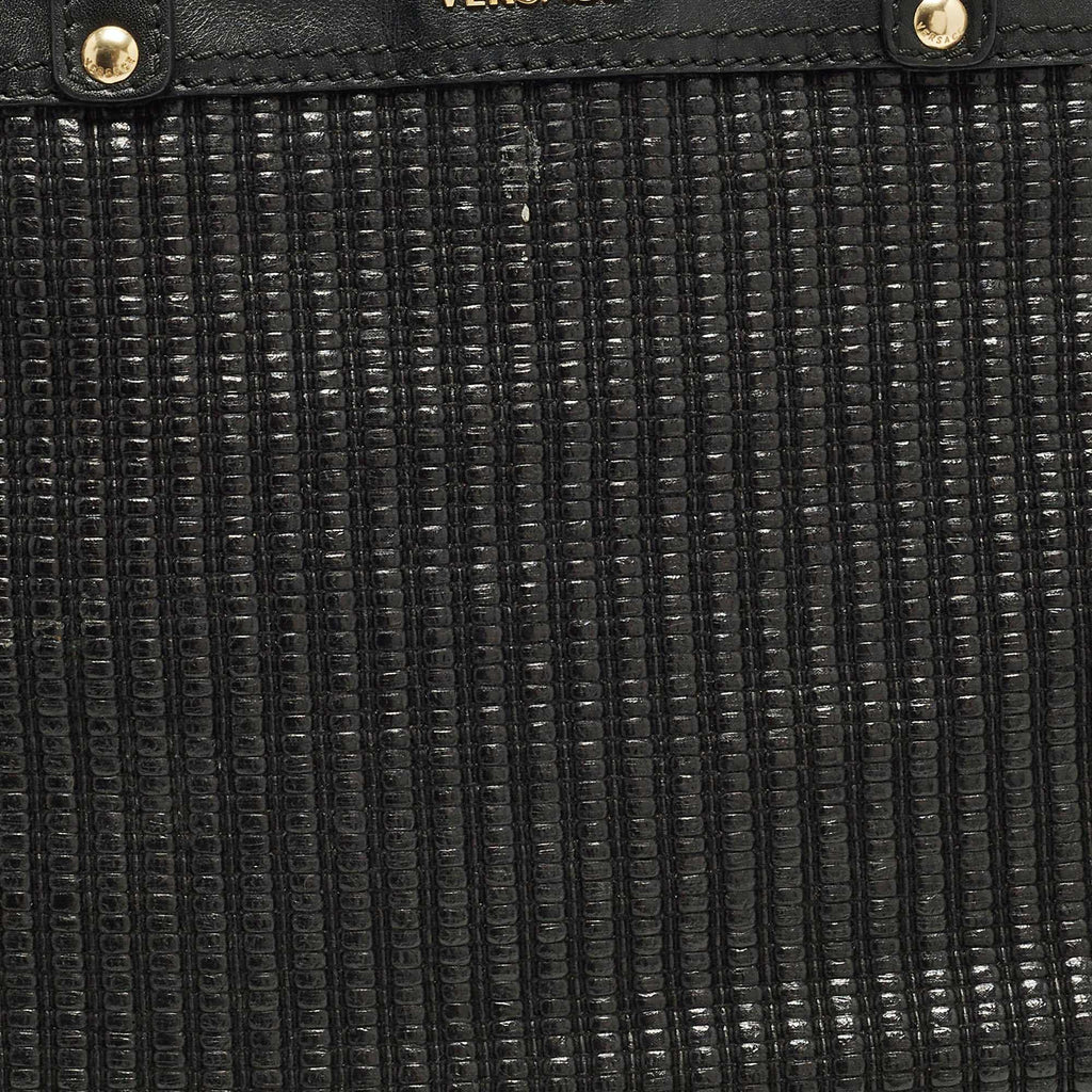 Versace Stripe Black Leather And Raffia Trim Tote