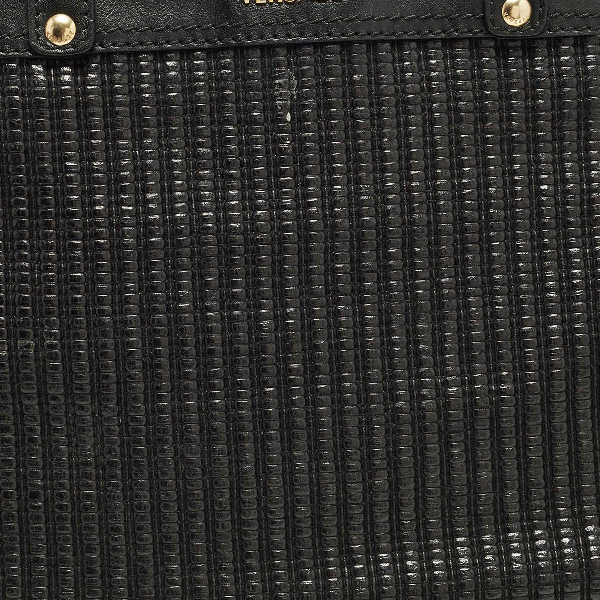 Versace Stripe Black Leather And Raffia Trim Tote