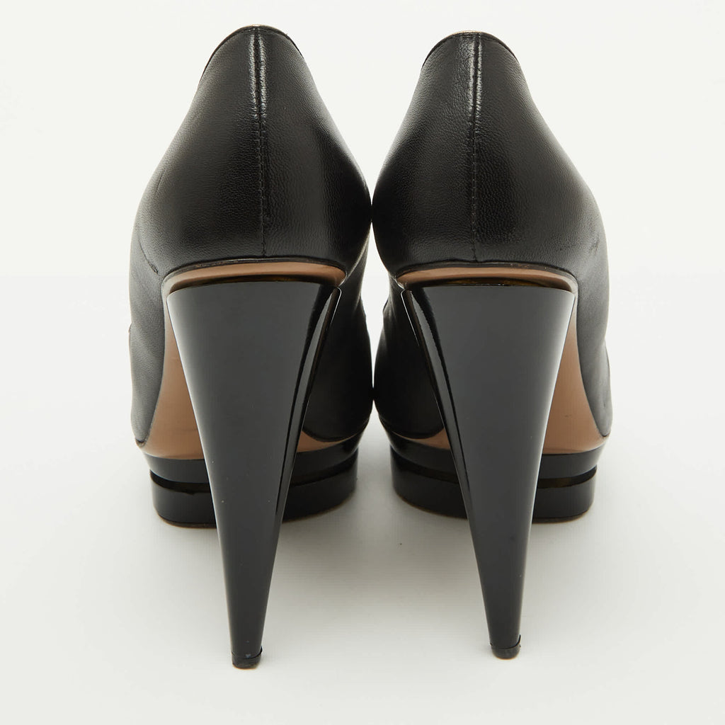Versace Black Leather Crystal Peep Toe Platform Pumps