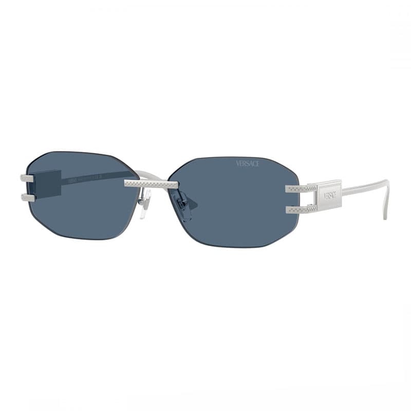 Versace Sunglasses Geometric Rimless, Silver Frame And Dark Blue Lens Ve2274100080